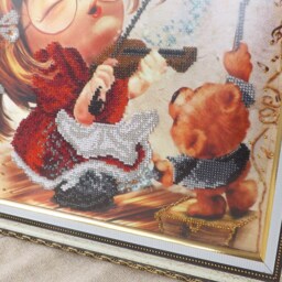 Baby Girl Nursery Decor, Framed Needlepoint, Shower Gift Room Decor Wall Hanging Violin Bear Decorations - thumbnail 2