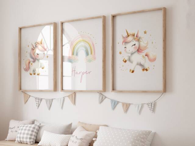 Girls Nursery Decor, Set Of 3 Wall Art Prints, Unicorn Prints, Baby Girl Room, Unicorn Nursery, Nursery, Pink - image 1