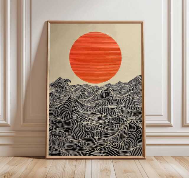 Sun & Waves Wall Art Print - Modern Minimalist Ocean Poster, Abstract Japanese Style Artwork, Bold Contemporary Home Decor - image 1