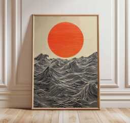 Sun & Waves Wall Art Print - Modern Minimalist Ocean Poster, Abstract Japanese Style Artwork, Bold Contemporary Home Decor - thumbnail 1