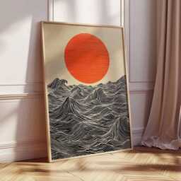 Sun & Waves Wall Art Print - Modern Minimalist Ocean Poster, Abstract Japanese Style Artwork, Bold Contemporary Home Decor - thumbnail 3