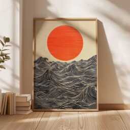 Sun & Waves Wall Art Print - Modern Minimalist Ocean Poster, Abstract Japanese Style Artwork, Bold Contemporary Home Decor - thumbnail 2