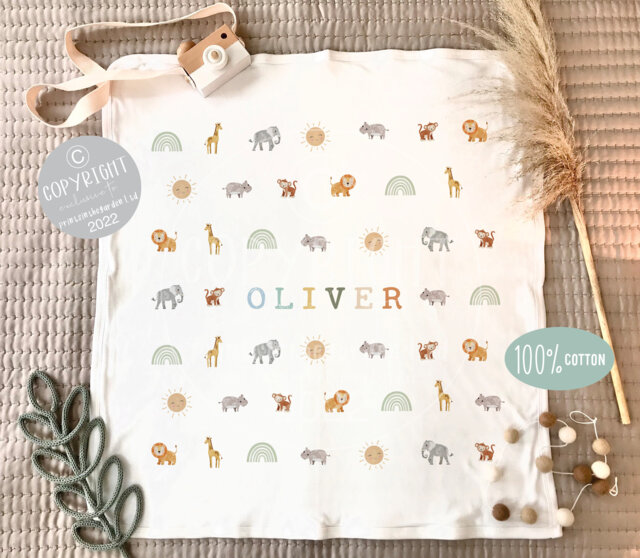 Personalized Safari Baby Blanket Cotton Nursery Decor - image 1