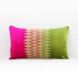 Ikat Silk Lumbar Pillow Cover, Pink & Green Gold Embroidery, Asian Style