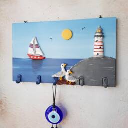 Handmade Nautical Key Holder Beach House Decor With Sailboat & Lighthouse - thumbnail 3