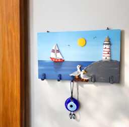Handmade Nautical Key Holder Beach House Decor With Sailboat & Lighthouse - thumbnail 1