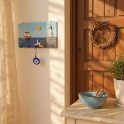 Handmade Nautical Key Holder Beach House Decor With Sailboat & Lighthouse - thumbnail 2