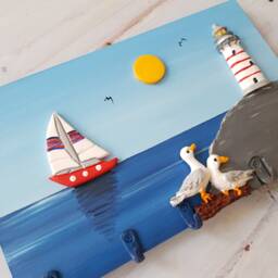 Handmade Nautical Key Holder Beach House Decor With Sailboat & Lighthouse - thumbnail 4