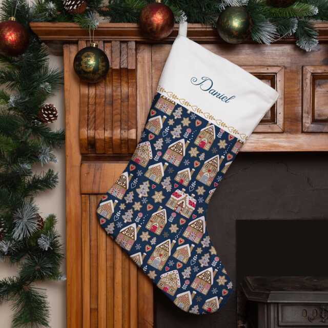 Personalised Christmas Stocking - Navy Gingerbread House Design - Large - image 1