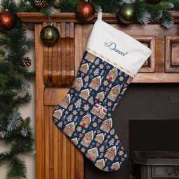 Personalised Christmas Stocking - Navy Gingerbread House Design - Large