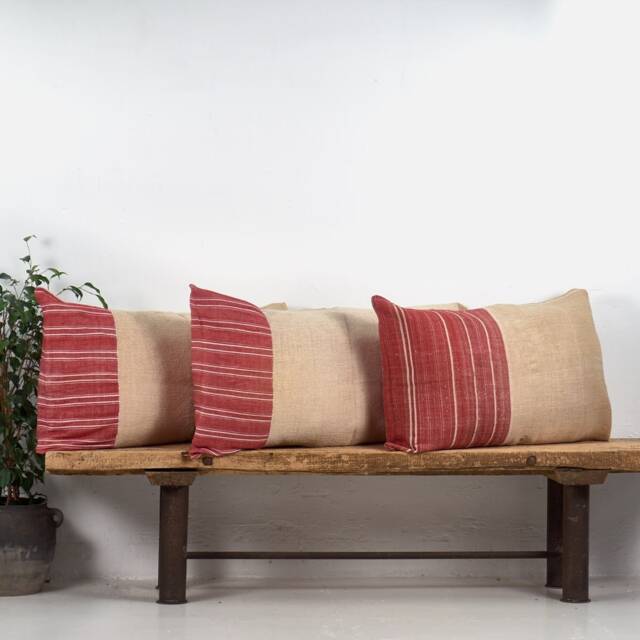 Antique Red Striped Linen Cushion Cover, Handmade Flour Sack Pillow - image 1