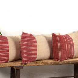 Antique Red Striped Linen Cushion Cover, Handmade Flour Sack Pillow - thumbnail 3