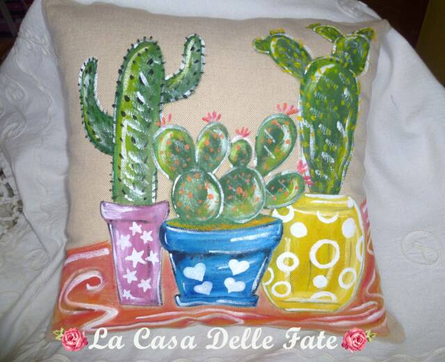 Hand-Painted Cactus, Garden Cushion, Cactus Pillow, Pillow Cover, Country Home Decor, Decorations, Rustic - image 1