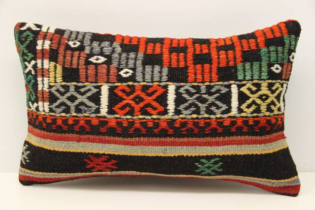 Turkish Kilim Lumbar Pillow Cover, Handmade Wool, 12x20 - image 1