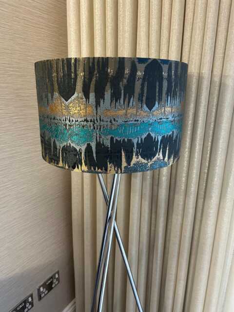 Handmade Lampshade in Fryetts Inca Abstract Print Gold, Blue, Navy Charcoal Colours. Various Sizes Available, Ceiling Or Table Lamp - image 1