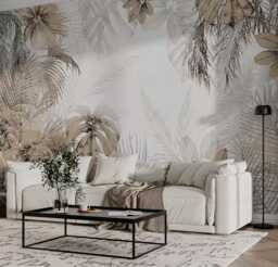 Tropic Leaves Neutral Wall Mural For Living Room Exotic Backdrop Beige Customizable Murals Removable Decals