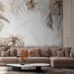 Tropic Leaves Neutral Wall Mural For Living Room Exotic Backdrop Beige Customizable Murals Removable Decals - thumbnail 2