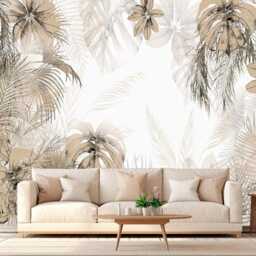 Tropic Leaves Neutral Wall Mural For Living Room Exotic Backdrop Beige Customizable Murals Removable Decals - thumbnail 4