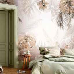 Tropic Leaves Neutral Wall Mural For Living Room Exotic Backdrop Beige Customizable Murals Removable Decals - thumbnail 3