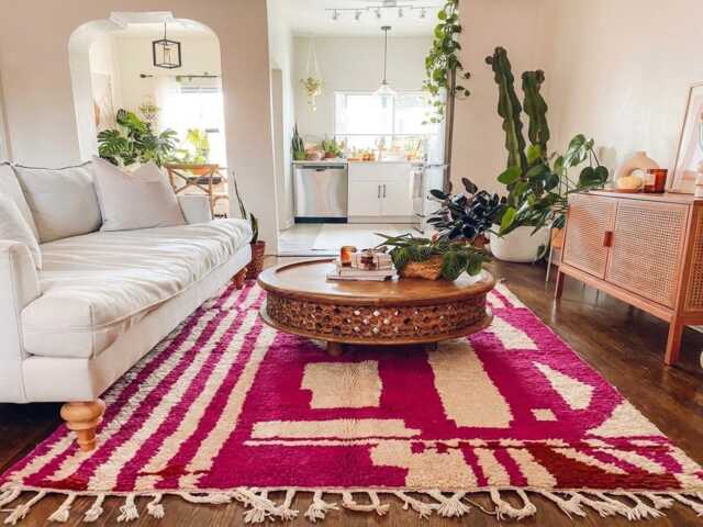 Pink White Abstract Moroccan Shag Rug, Large Area Handmade Berber Wool Carpet - image 1