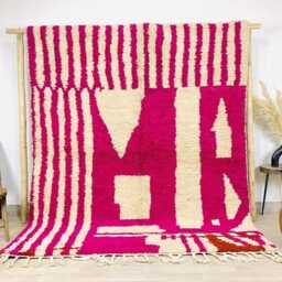 Pink White Abstract Moroccan Shag Rug, Large Area Handmade Berber Wool Carpet - thumbnail 3