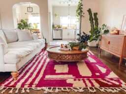 Pink White Abstract Moroccan Shag Rug, Large Area Handmade Berber Wool Carpet