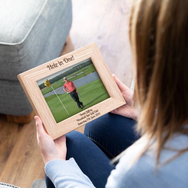 Golf Photo Frame - Personalised Hole in One Gift For Golfer Oak Picture Lc219 - image 1