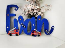 Fire Truck Bedroom Name Sign, Wooden Wall Art, Personalised Boys Room Decor - thumbnail 1