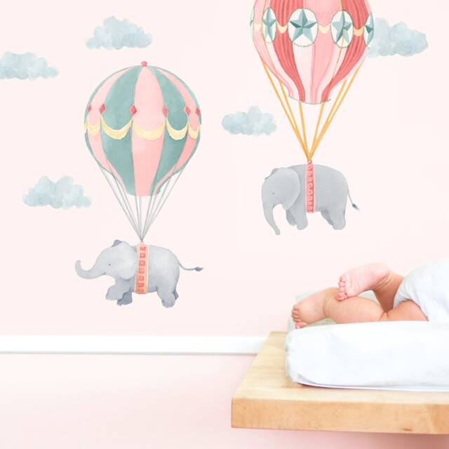 Off We Go Hot Air Balloon Elephants - Pink Peel-And-stick Wall Decals Mej - image 1