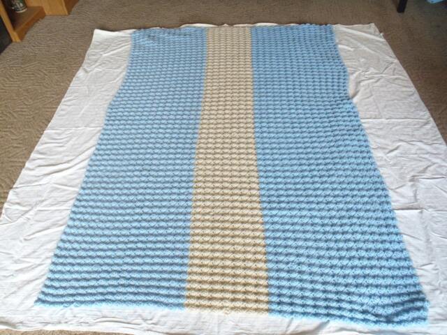 Hand Made Crochet Blanket Afghan Blue & Cream - image 1