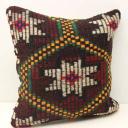 Handmade Kilim Pillow Cover 18x18, Vintage Anatolian Design - thumbnail 1