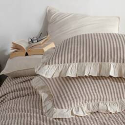 Brown 100% Cotton Ruffle Yarn Dyed Double Duvet Cover Set, Modern Striped Comforter & Sheet Set, Stripes Set, Quilt Fastener Gift - thumbnail 3