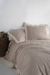Brown 100% Cotton Ruffle Yarn Dyed Double Duvet Cover Set, Modern Striped Comforter & Sheet Set, Stripes Set, Quilt Fastener Gift - thumbnail 1