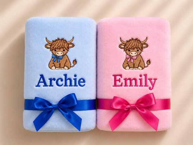 Personalised Baby Blanket Highland Cow Newborn Shower Gift Embroidered Name - image 1