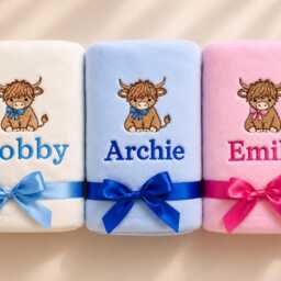 Personalised Baby Blanket Highland Cow Newborn Shower Gift Embroidered Name - thumbnail 2