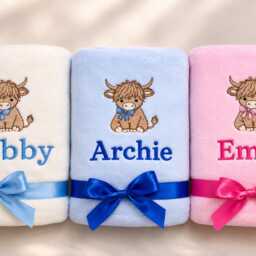 Personalised Baby Blanket Highland Cow Newborn Shower Gift Embroidered Name - thumbnail 3