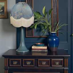 Blue Paisley Print Fabric Dome Lampshade With Cream Fringe Handmade in The UK For Table & Floor Standard Lamp Shades, Ceiling Lights - thumbnail 2