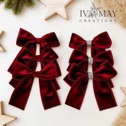 Luxury Handmade Velvet Christmas Tree Bows Clip-On Burgundy Red Ornaments - thumbnail 1
