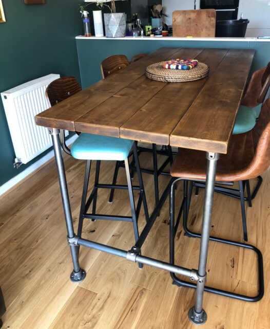 Breakfast Table, High Table Industrial Black, Raw, Galvanised Tube Legs, Solid 45mm Rustic Plank Top, Kitchen, Dining, Island, Drinks Bar - image 1