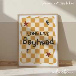 Long Live Boyhood Print, Checkered Pattern Boys Prints, Kids Retro Bedroom Playroom, Scandi Nursery Decor - thumbnail 1