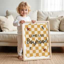 Long Live Boyhood Print, Checkered Pattern Boys Prints, Kids Retro Bedroom Playroom, Scandi Nursery Decor - thumbnail 2