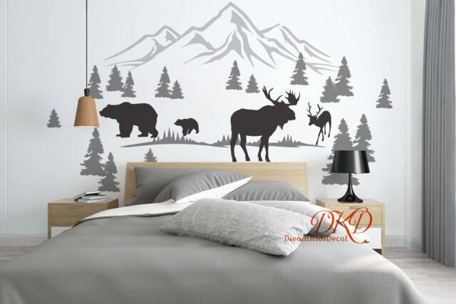 Nursery Wall Decals Pine Tree With Bear Moose Decal Stickers Mountains Decal, Forest Landscape Decor-Dk377 - image 1