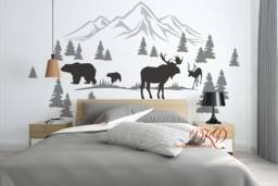 Nursery Wall Decals Pine Tree With Bear Moose Decal Stickers Mountains Decal, Forest Landscape Decor-Dk377