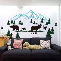 Nursery Wall Decals Pine Tree With Bear Moose Decal Stickers Mountains Decal, Forest Landscape Decor-Dk377 - thumbnail 2