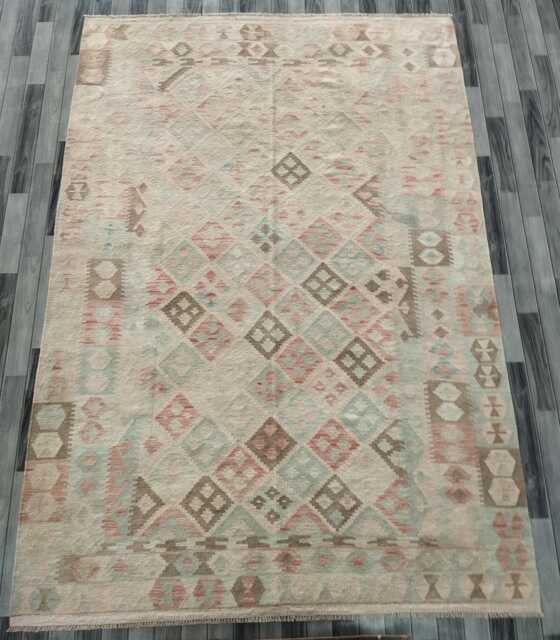 Handwoven Natural Wool Faded Kilim Rug, Artisan Tribal Geometric Flatweave, Turkish Persian Navajo Bohemian Design, 292x201 cm - image 1