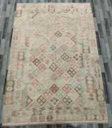 Handwoven Natural Wool Faded Kilim Rug, Artisan Tribal Geometric Flatweave, Turkish Persian Navajo Bohemian Design, 292x201 cm - thumbnail 1