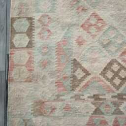 Handwoven Natural Wool Faded Kilim Rug, Artisan Tribal Geometric Flatweave, Turkish Persian Navajo Bohemian Design, 292x201 cm - thumbnail 2