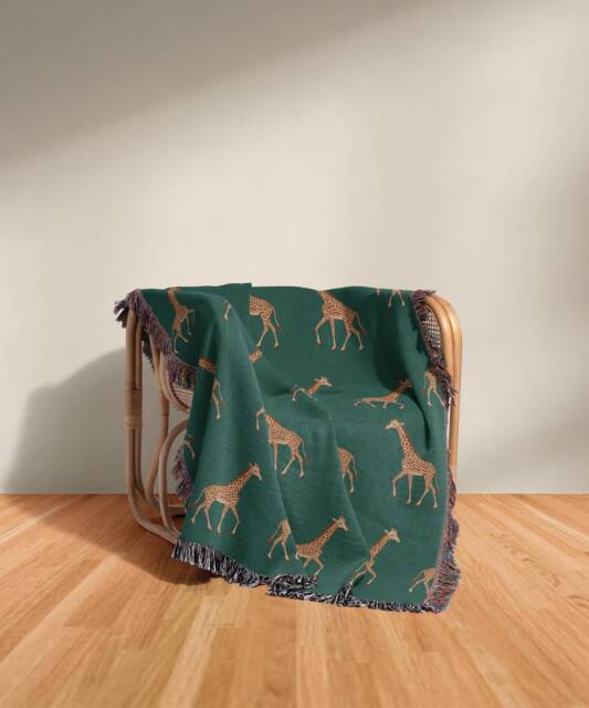 Cotton Woven Blanket, Giraffe Parade, Classic On Forest Green, Safari Animals, Kids Room, Baby Nursery Decor, Animal Print Throw - image 1