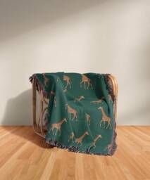 Cotton Woven Blanket, Giraffe Parade, Classic On Forest Green, Safari Animals, Kids Room, Baby Nursery Decor, Animal Print Throw - thumbnail 1