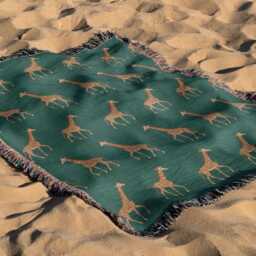 Cotton Woven Blanket, Giraffe Parade, Classic On Forest Green, Safari Animals, Kids Room, Baby Nursery Decor, Animal Print Throw - thumbnail 3